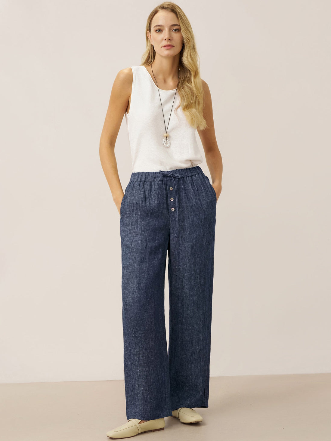100% Linen Denim-Texture Elastic-Waist Straight-Leg Pants
