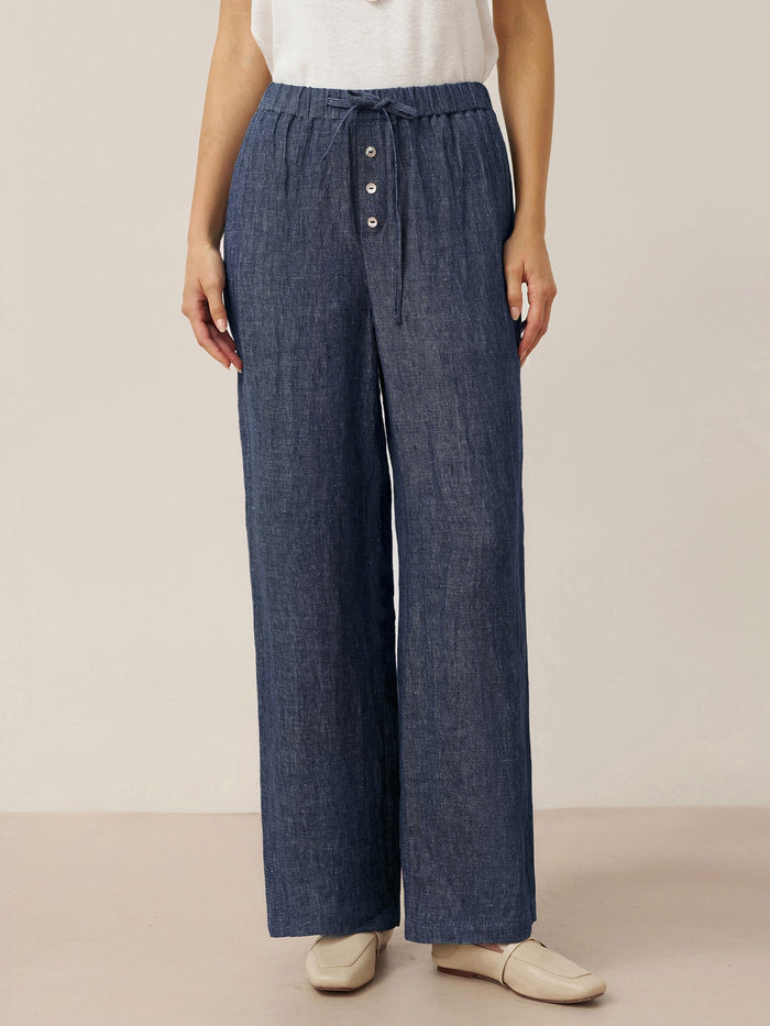 100% Linen Denim-Texture Elastic-Waist Straight-Leg Pants