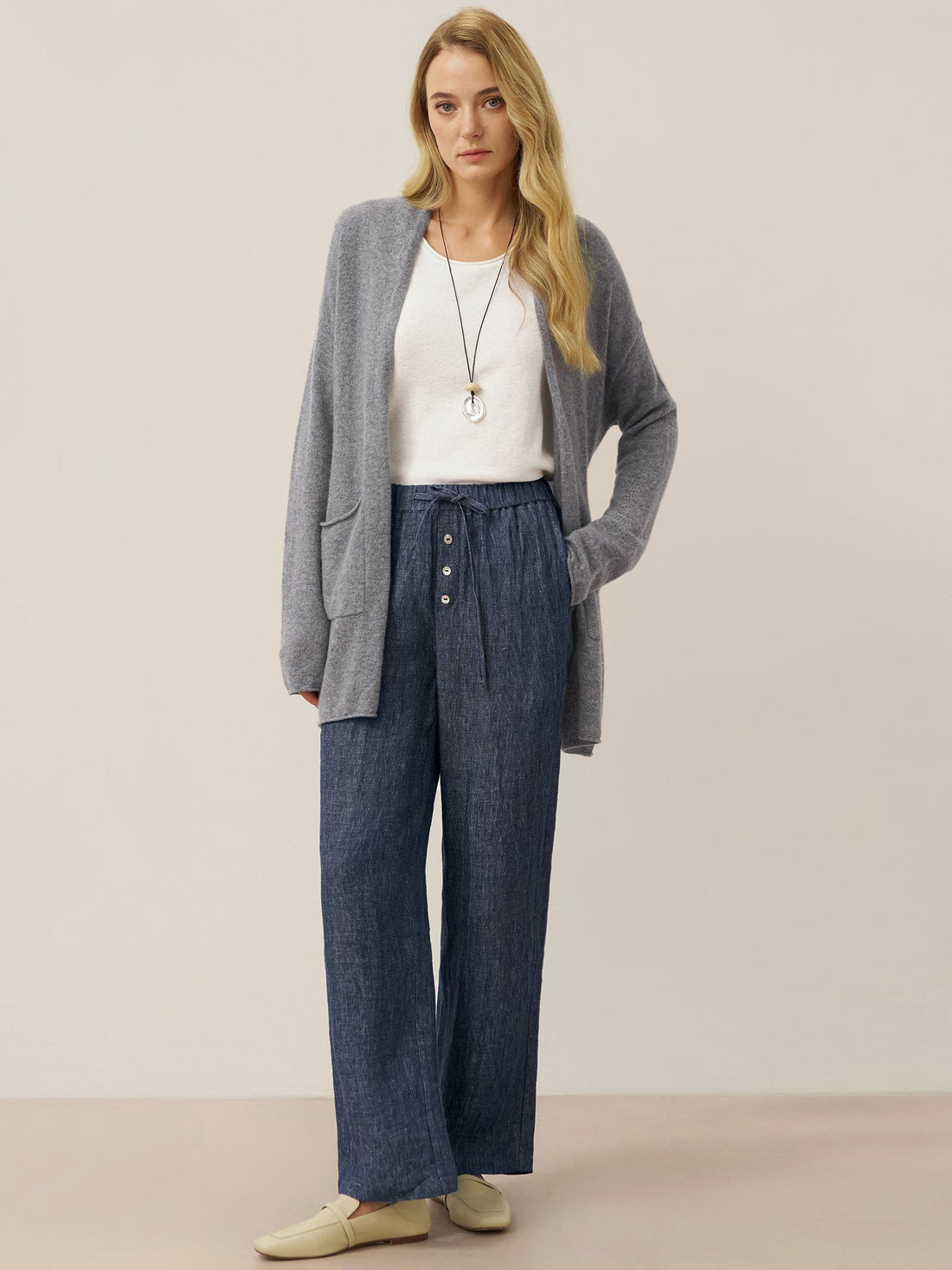 100% Linen Denim-Texture Elastic-Waist Straight-Leg Pants