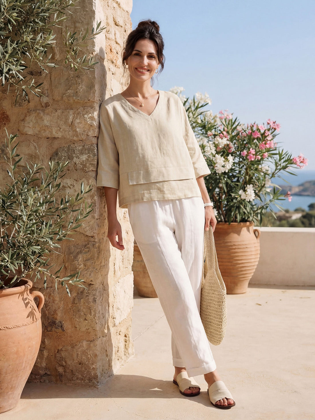 Linen Asymmetric V-Neck Half-Sleeve Shirt