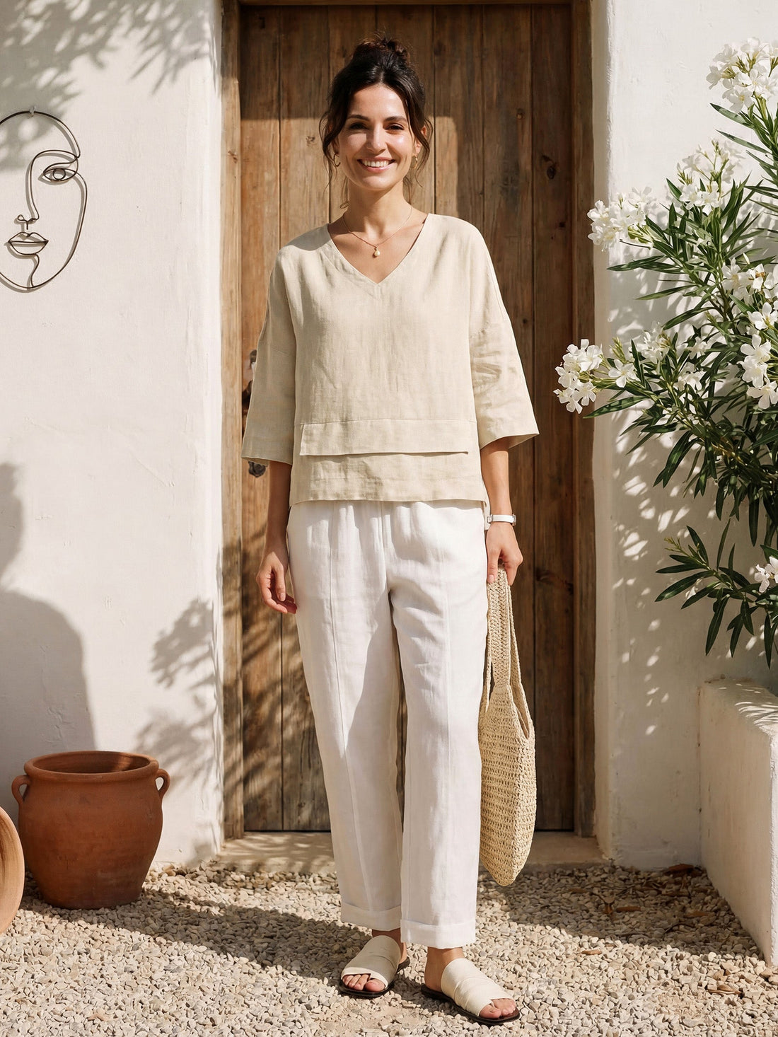 Linen Asymmetric V-Neck Half-Sleeve Shirt