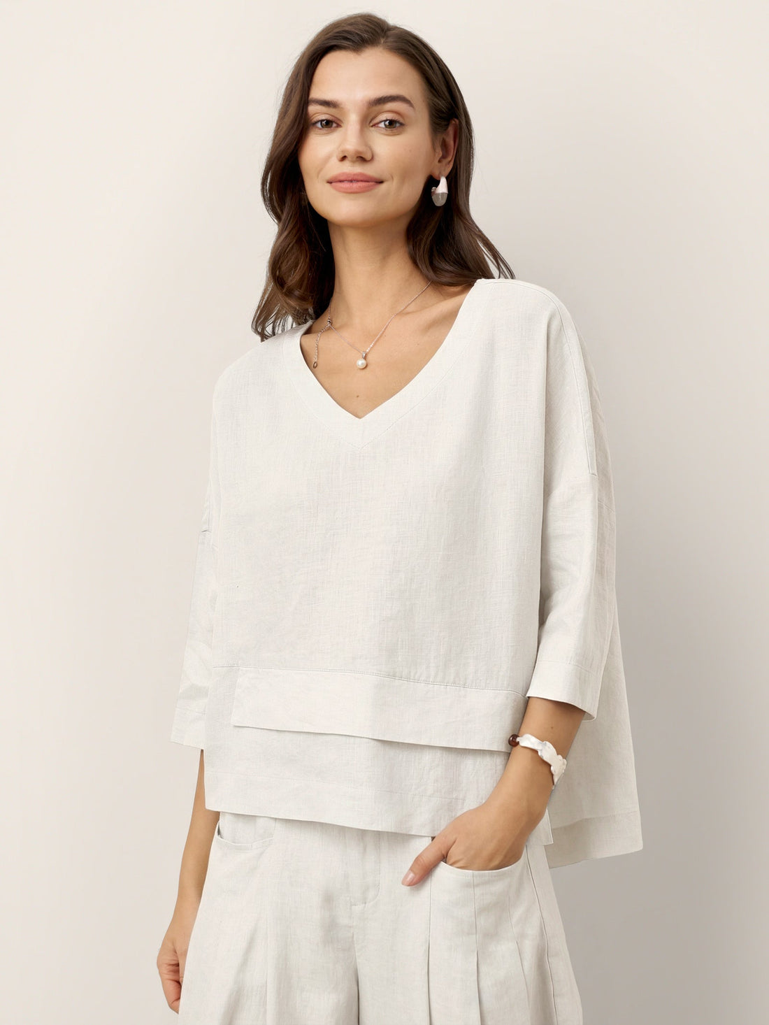 Linen Asymmetric V-Neck Half-Sleeve Shirt