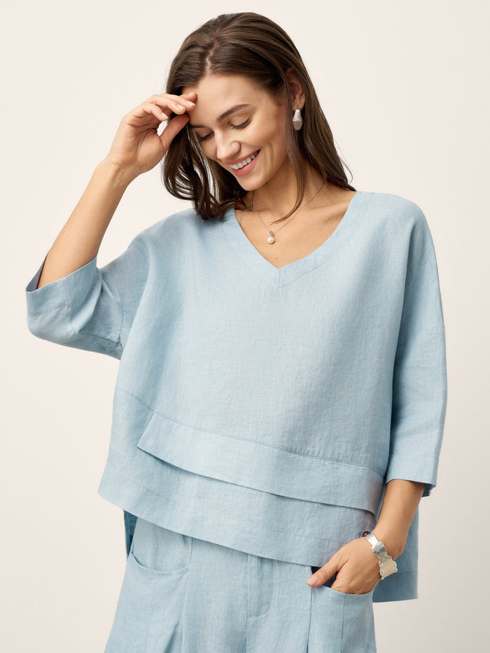 Linen Asymmetric V-Neck Half-Sleeve Shirt