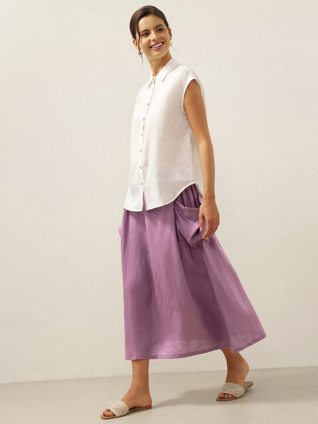 75% Linen A-Line Midi Skirt with Patch Pockets