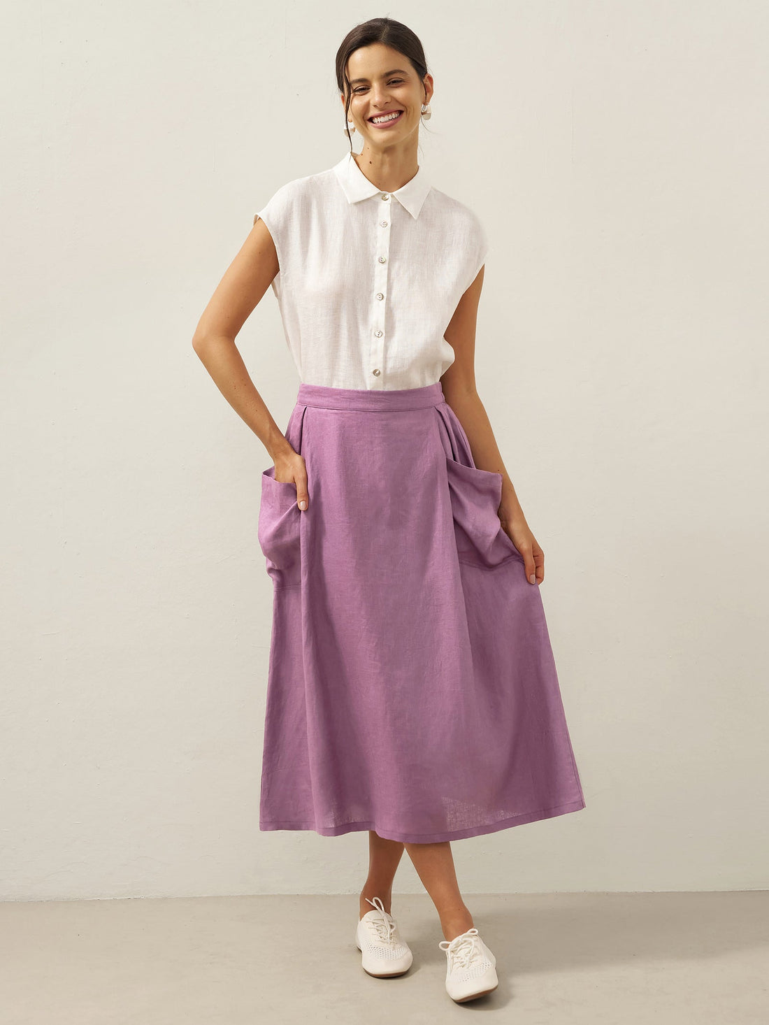 75% Linen A-Line Midi Skirt with Patch Pockets
