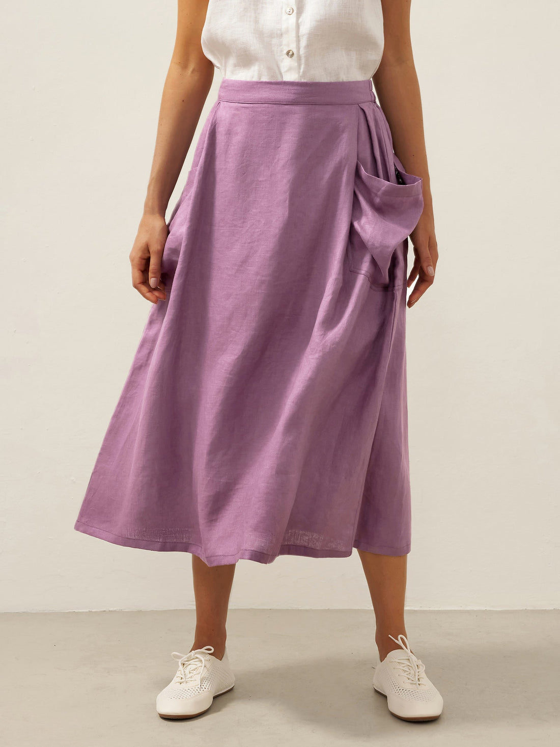 75% Linen A-Line Midi Skirt with Patch Pockets