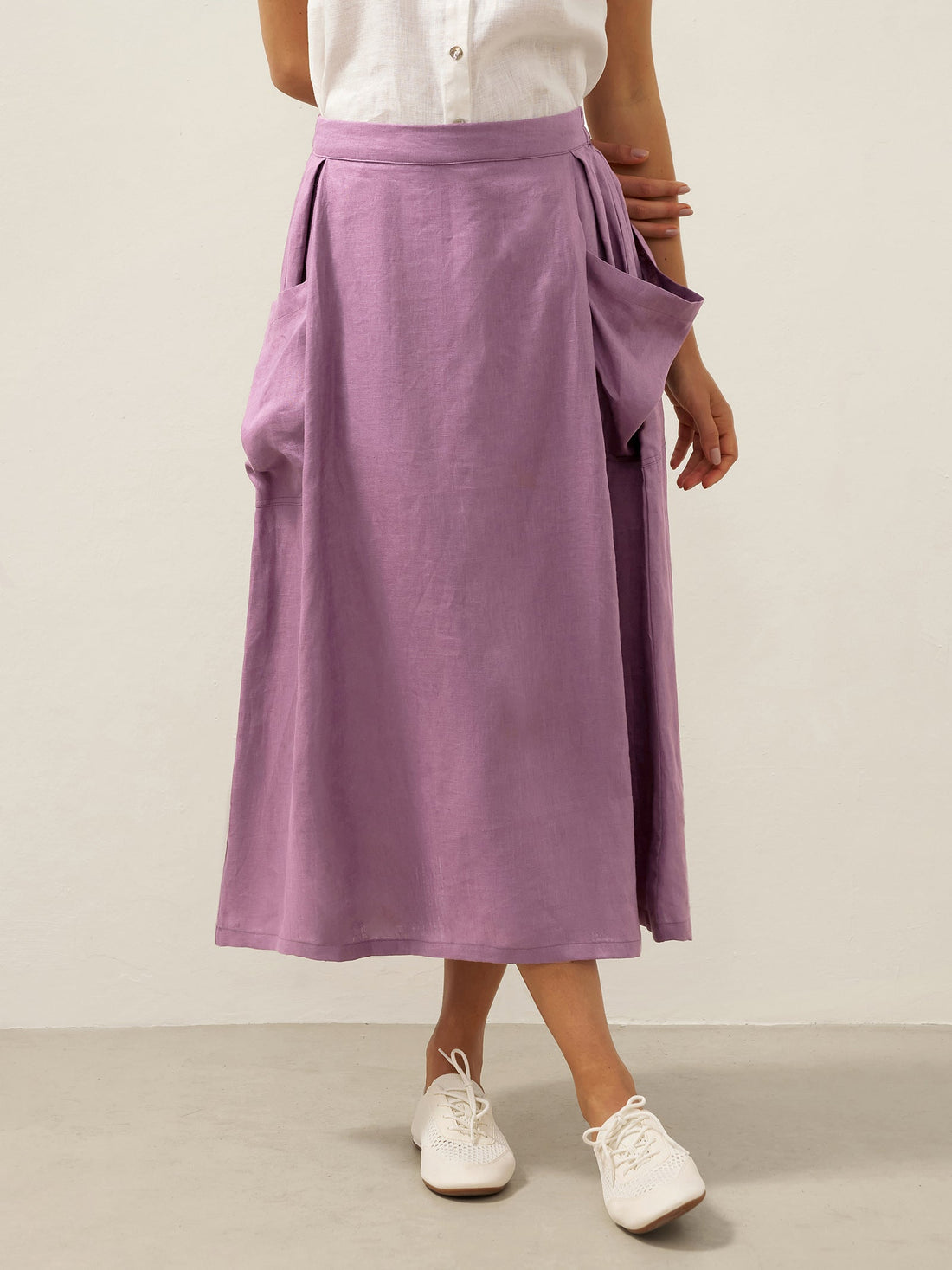 75% Linen A-Line Midi Skirt with Patch Pockets
