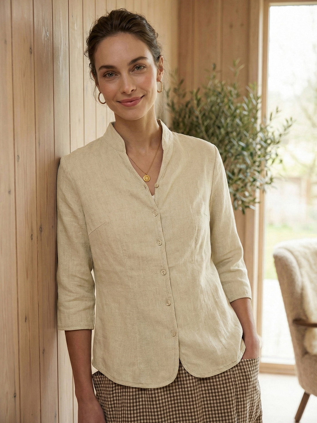 100% Linen Tailored Stand-Collar Jacket