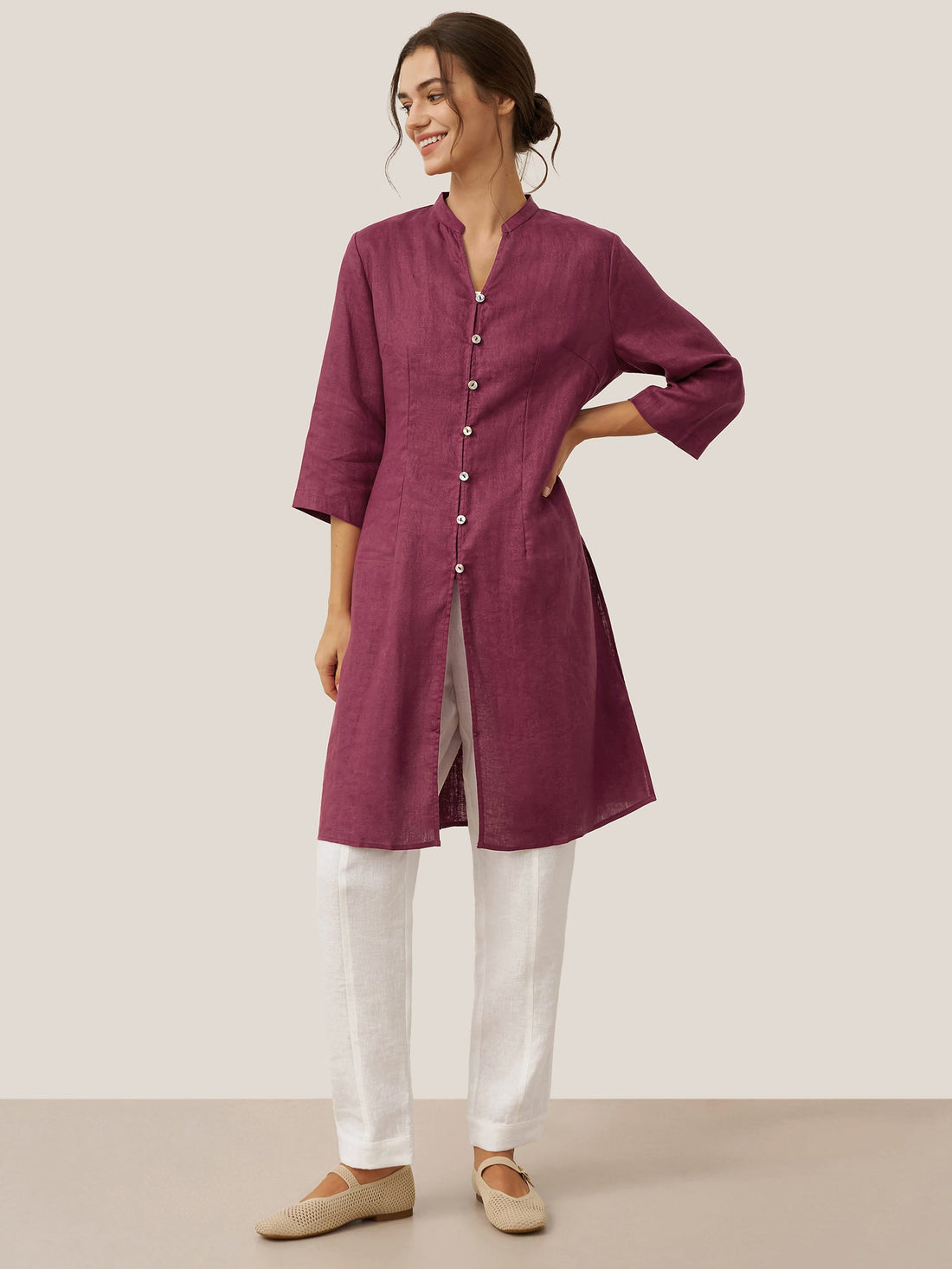 Linen Heavyweight V-Neck Stand Collar Shirt