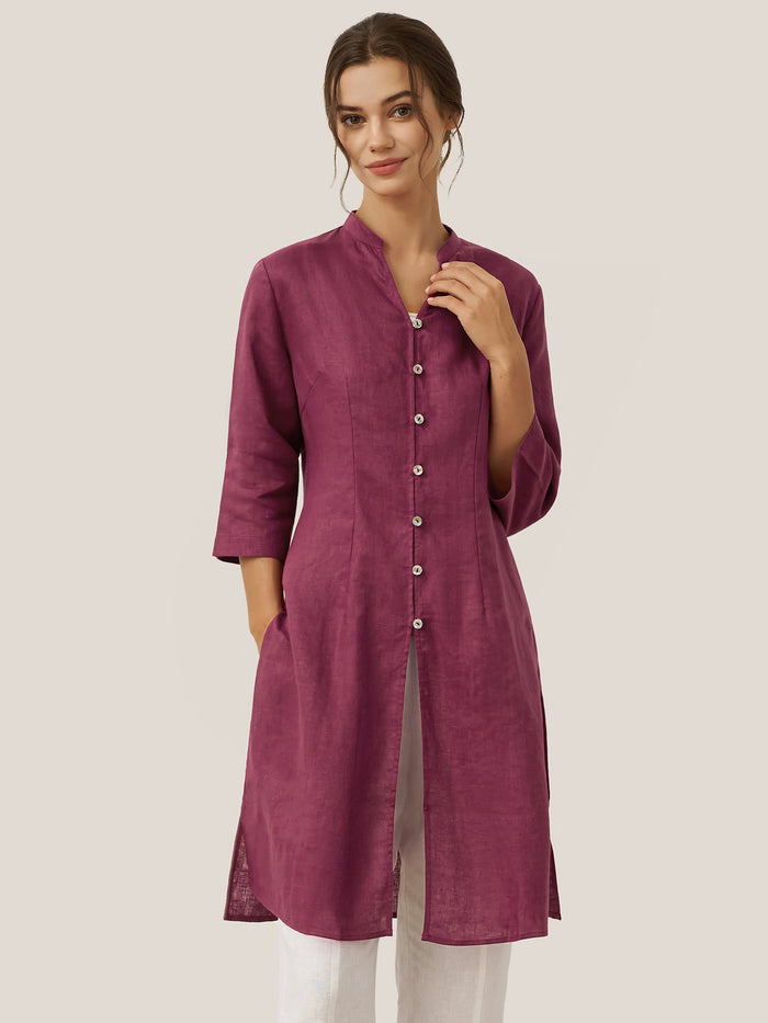 Linen Heavyweight V-Neck Stand Collar Shirt