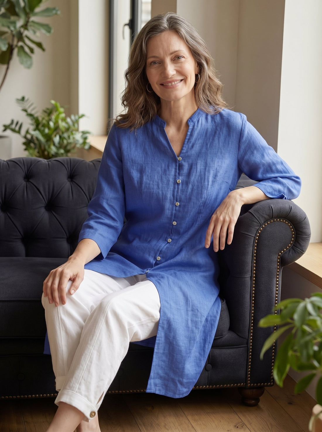Linen Heavyweight V-Neck Stand Collar Shirt