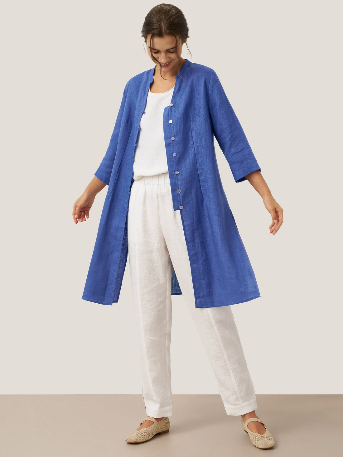 Linen Heavyweight V-Neck Stand Collar Shirt