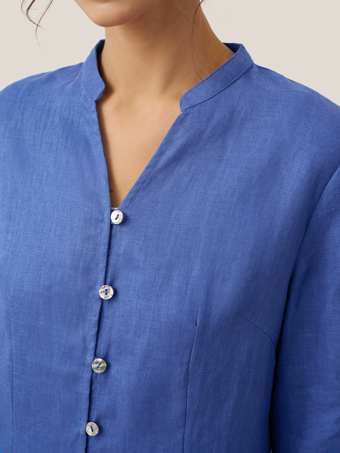 Linen Heavyweight V-Neck Stand Collar Shirt
