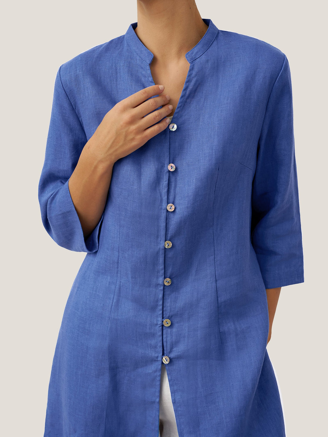 Linen Heavyweight V-Neck Stand Collar Shirt