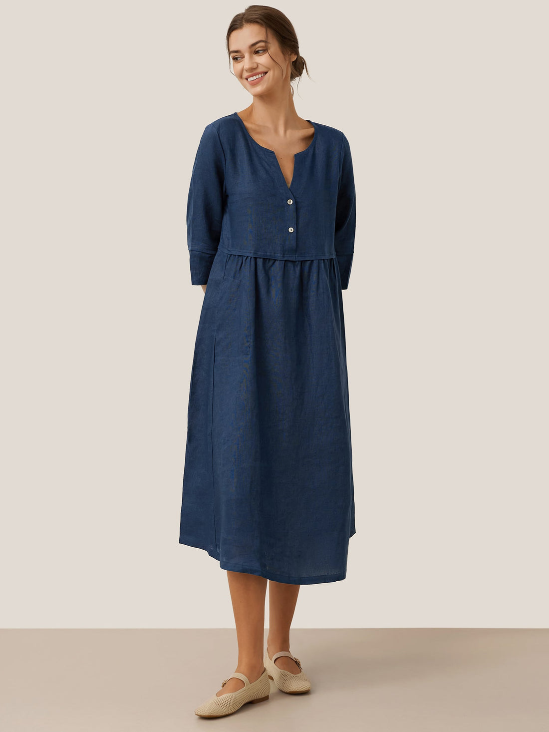 100% Linen Button-Waist Gathered V-Neck Midi Dress