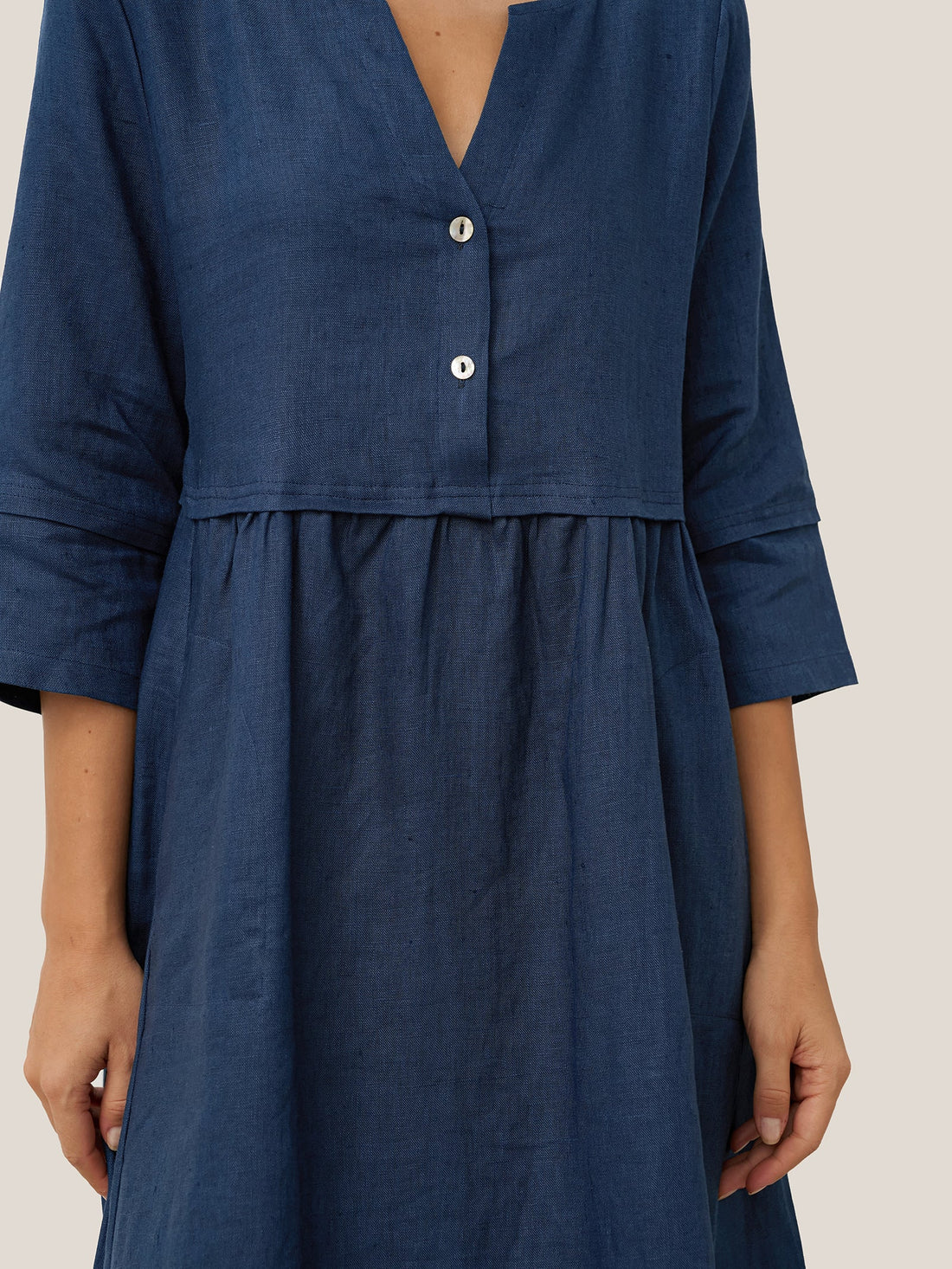 100% Linen Button-Waist Gathered V-Neck Midi Dress