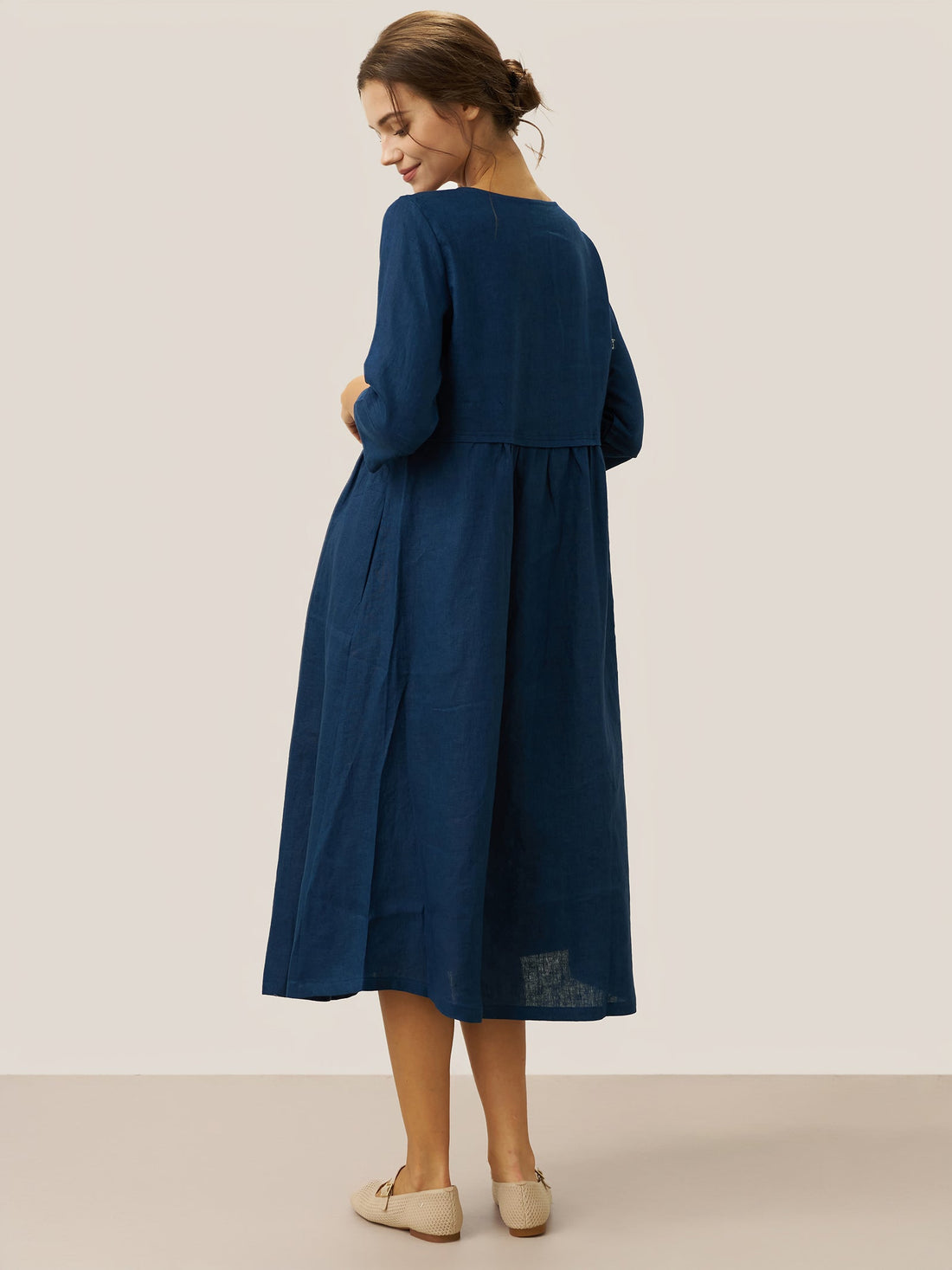 100% Linen Button-Waist Gathered V-Neck Midi Dress