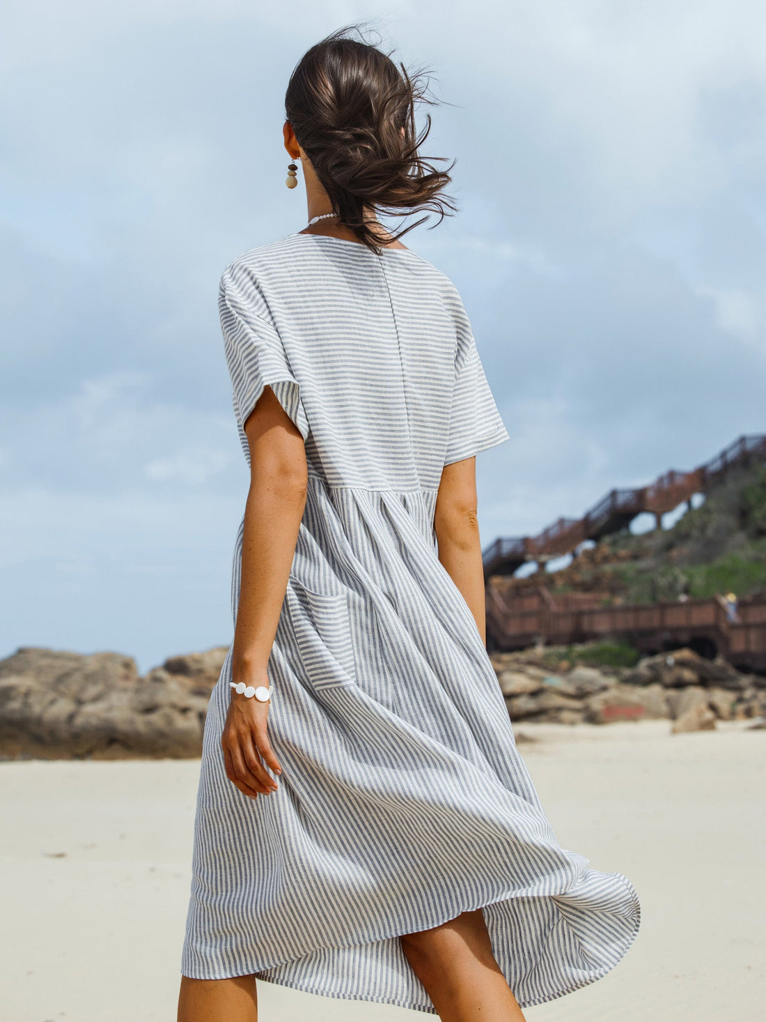 100% Linen Short Sleeve A-Line Midi Dress