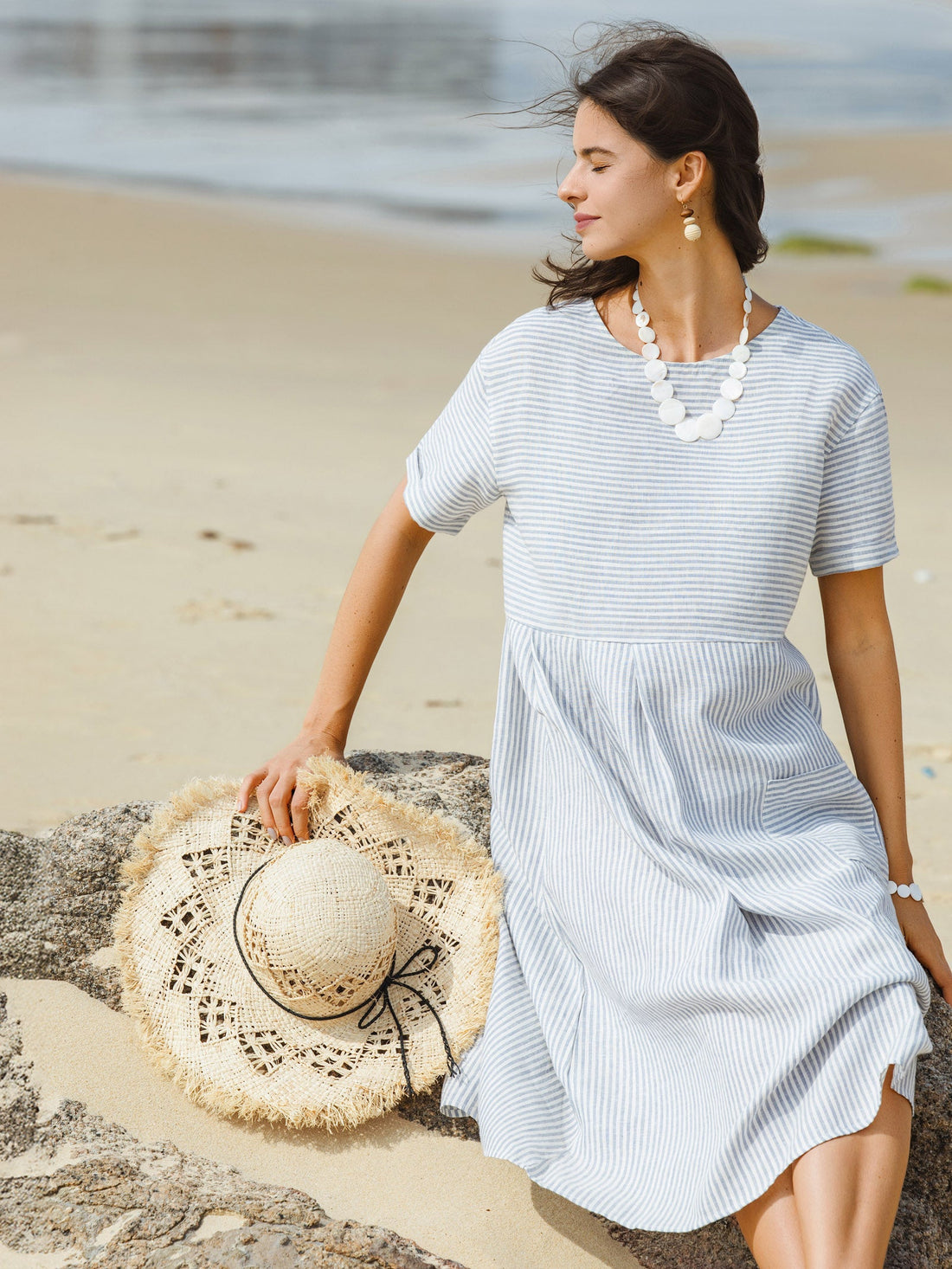 100% Linen Short Sleeve A-Line Midi Dress