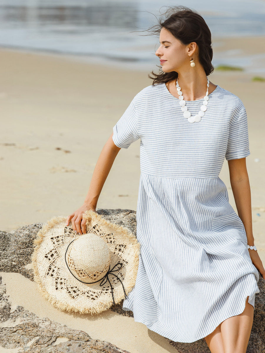 100% Linen Short Sleeve A-Line Midi Dress