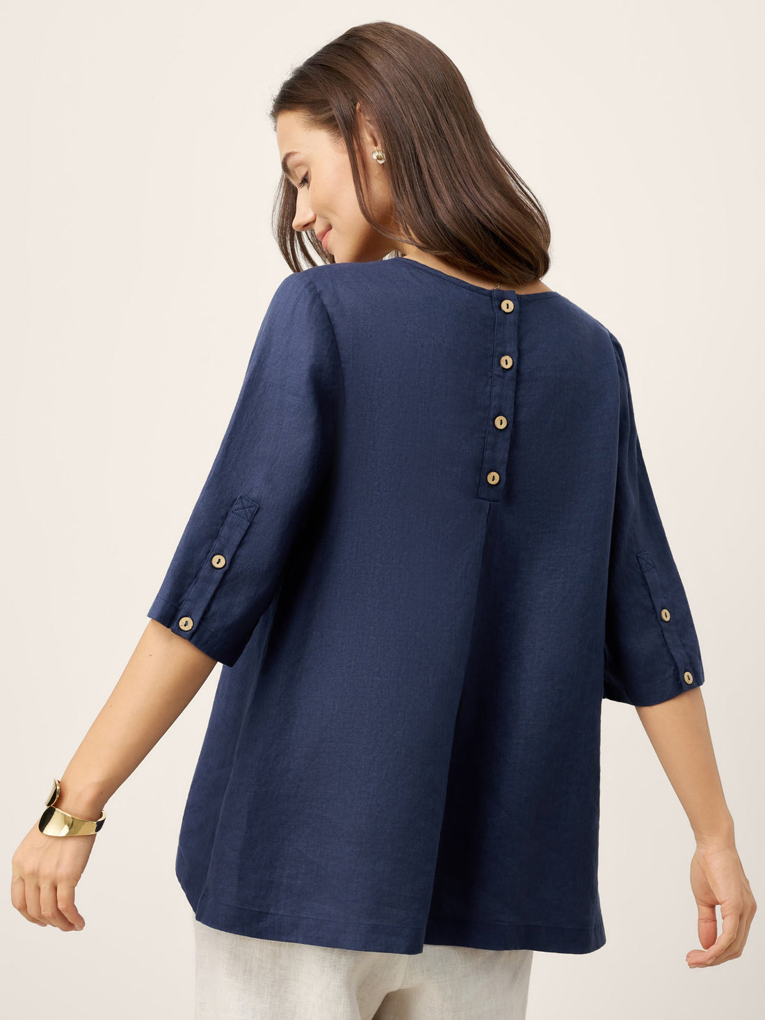 100% Linen Round Neck Button-Back Blouse