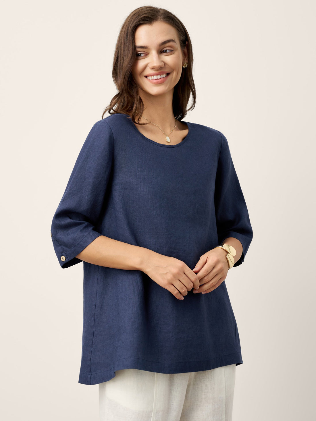 100% Linen Round Neck Button-Back Blouse