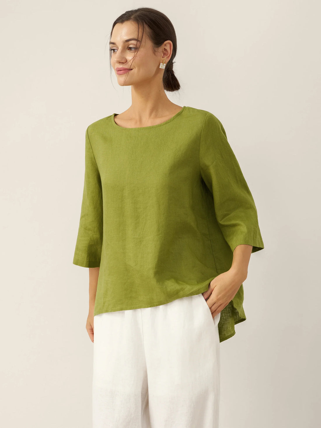 100% Linen Round Neck Half-Sleeve Blouse