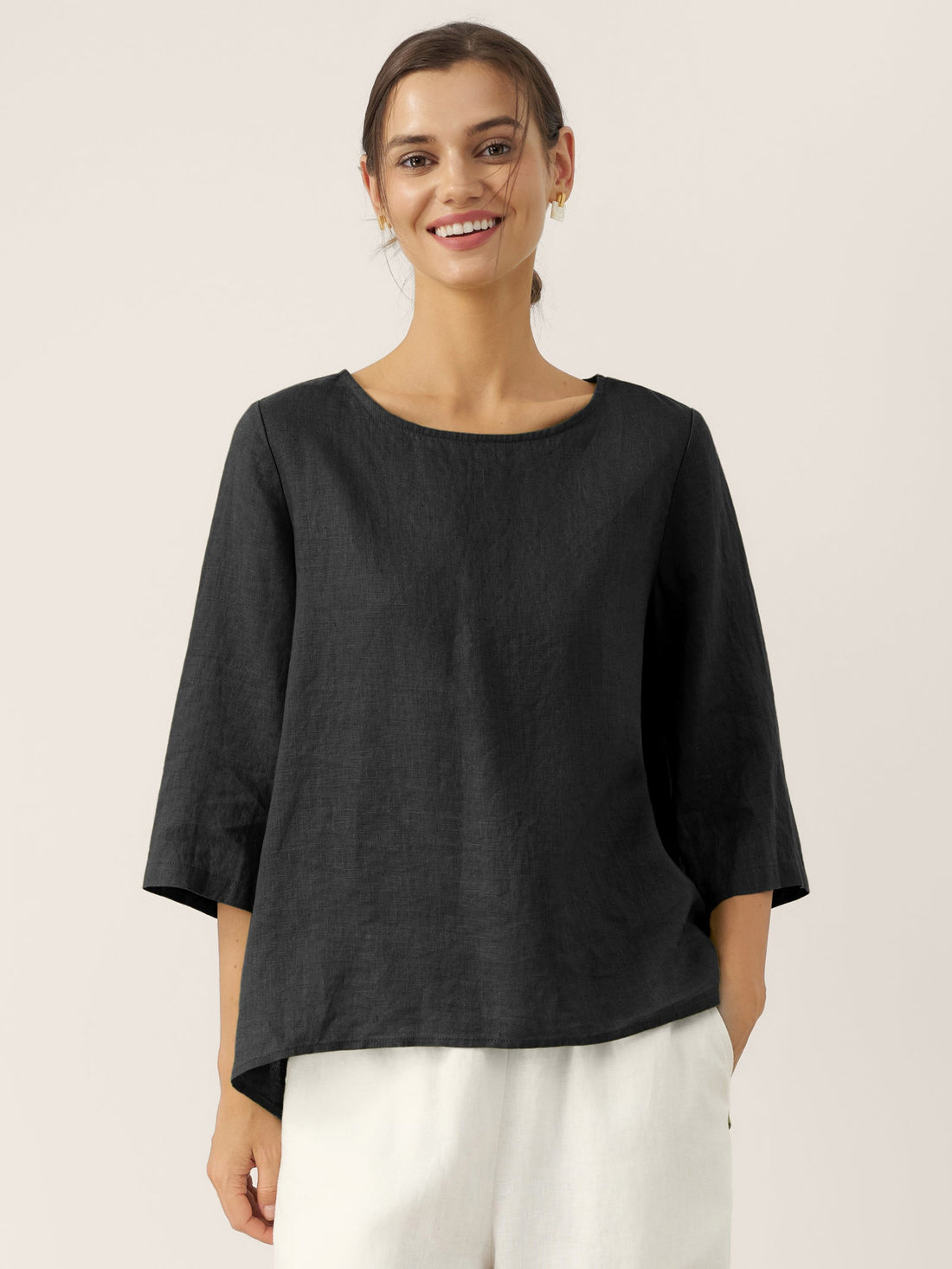 100% Linen Round Neck Half-Sleeve Blouse