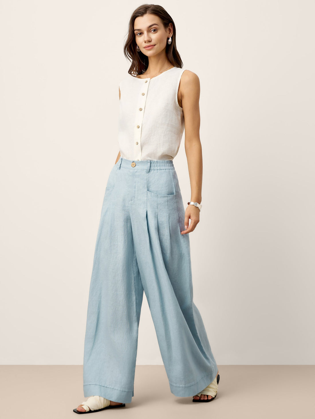Linen Wide-Leg Pants with Welt Pockets