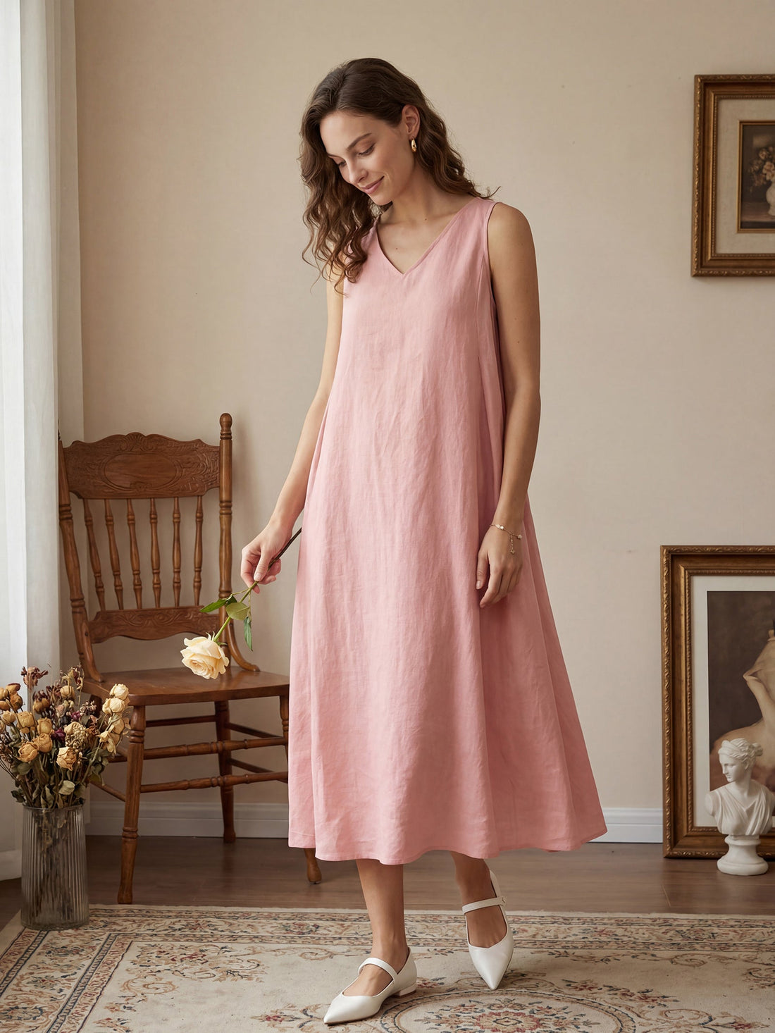 100% Linen Pleated V-Neck Midi Dress