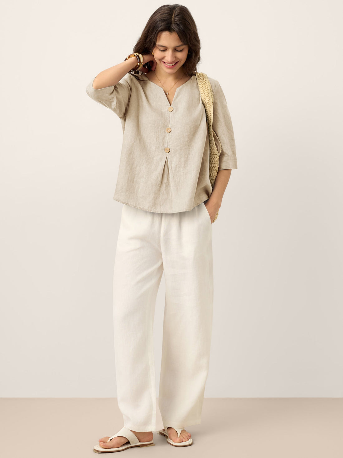 100% Linen Relaxed-Fit Button Detail Blouse