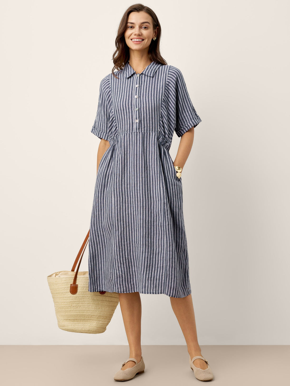 100% Linen Tailored Button-Front Midi Dress
