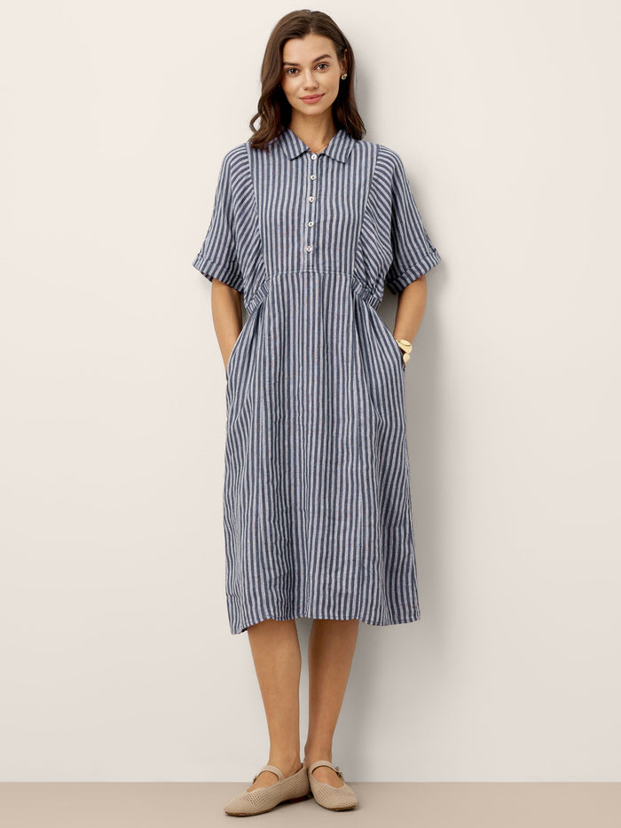 100% Linen Tailored Button-Front Midi Dress