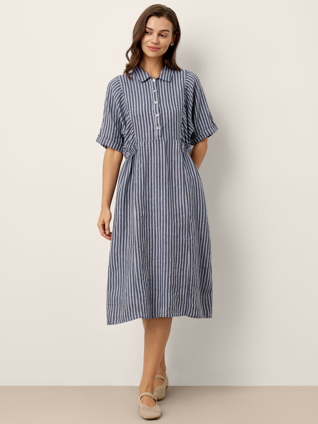 100% Linen Tailored Button-Front Midi Dress