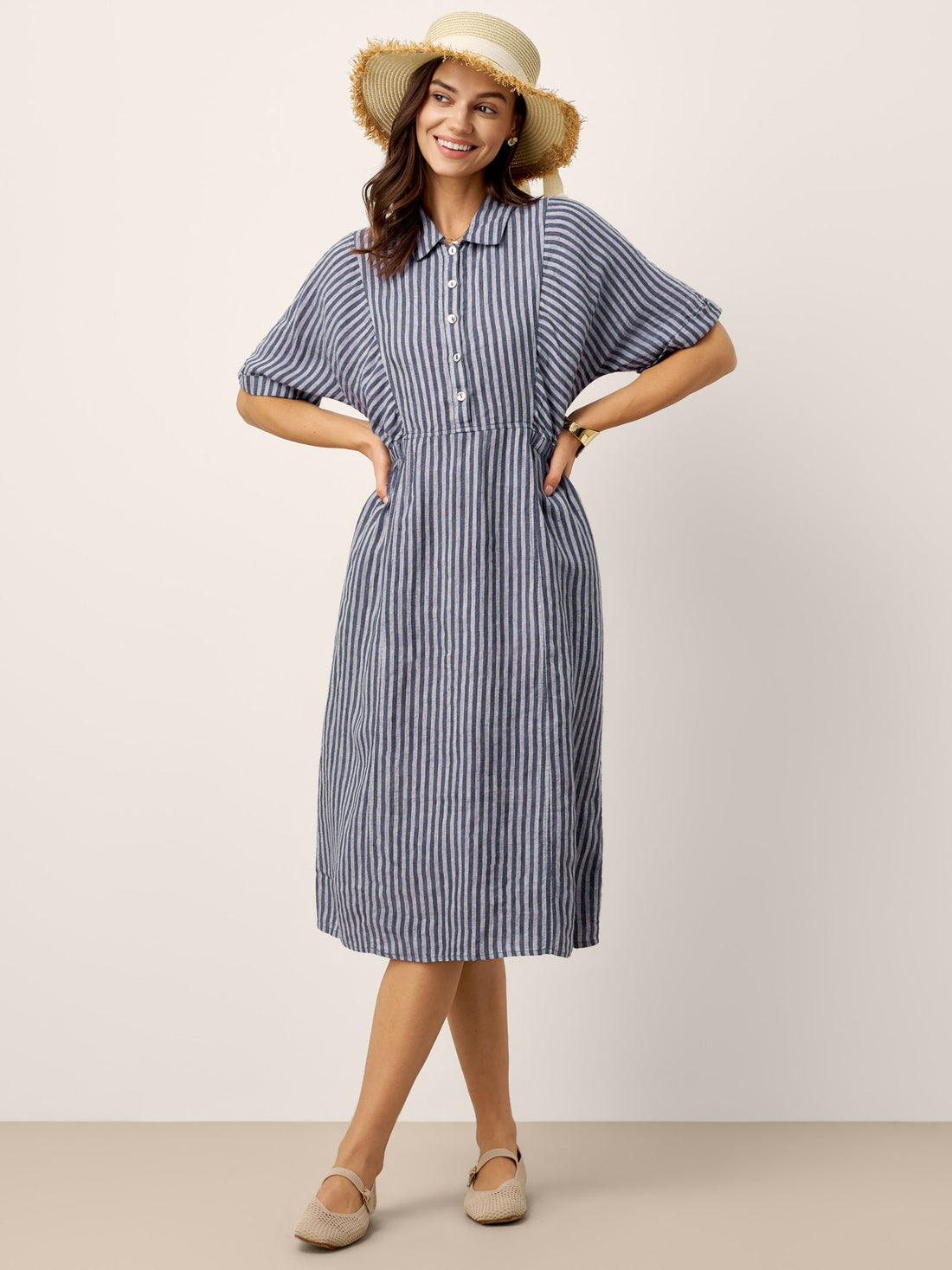 100% Linen Tailored Button-Front Midi Dress