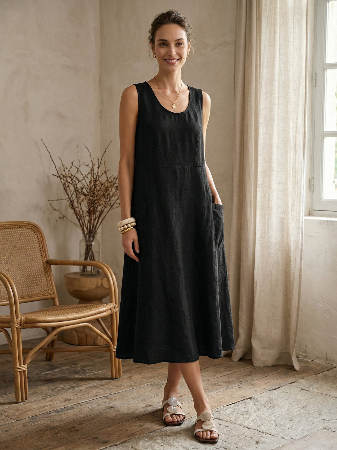 100% Linen Sleeveless Pocket Midi Dress