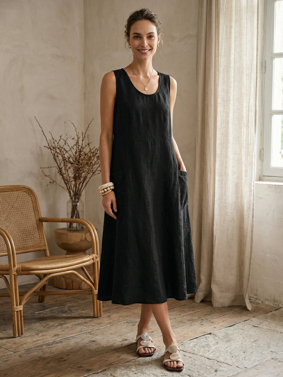 100% Linen Sleeveless Pocket Midi Dress