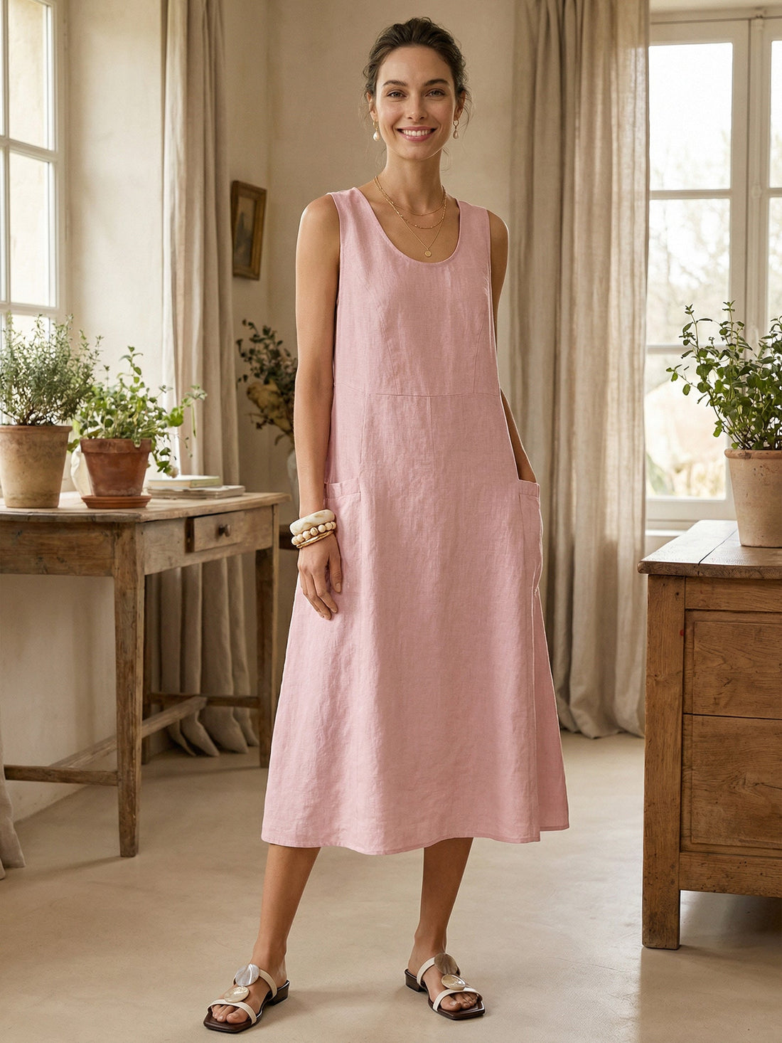 100% Linen A-Line Patch Pocket Midi Dress