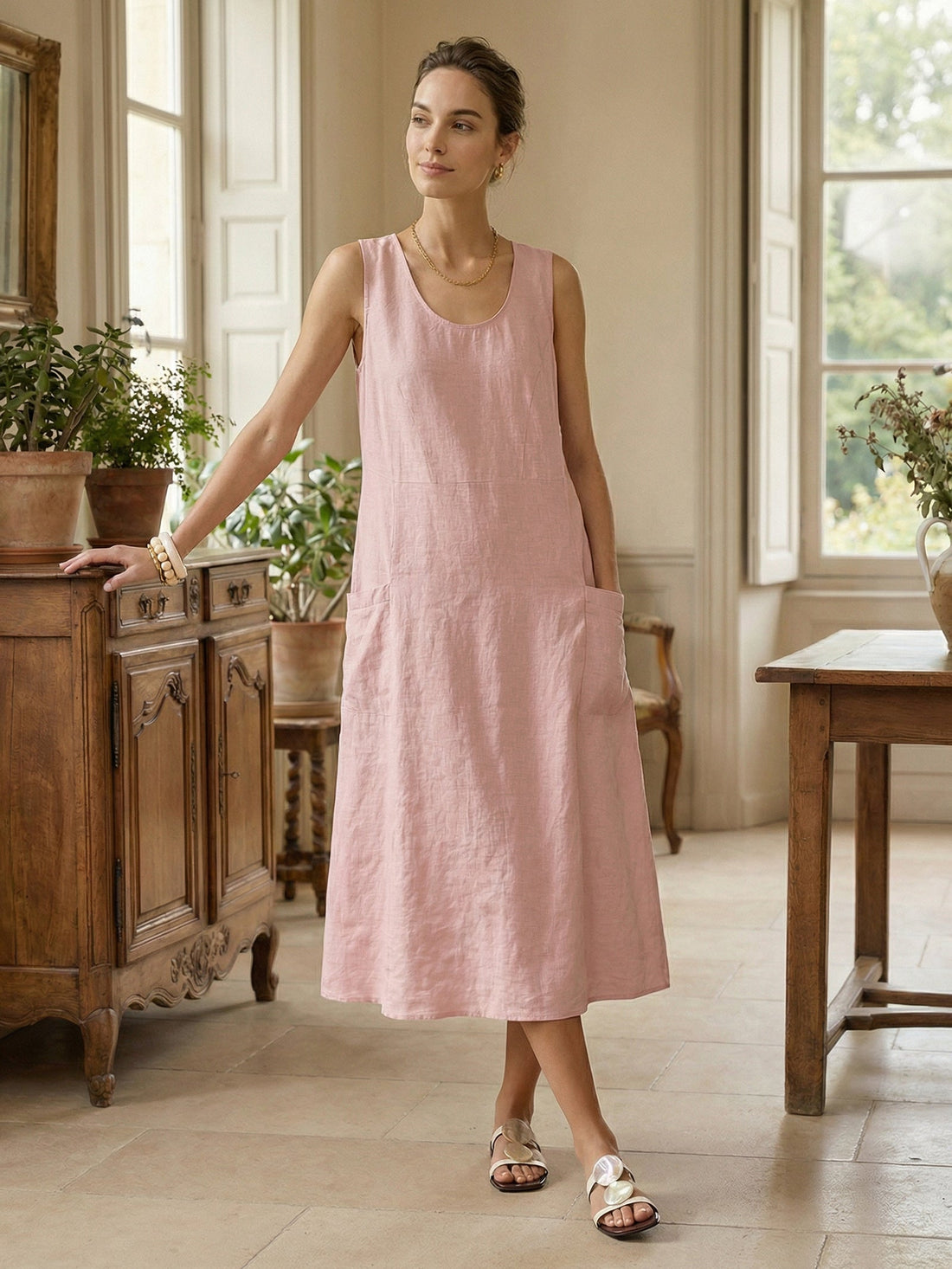 100% Linen Sleeveless Pocket Midi Dress