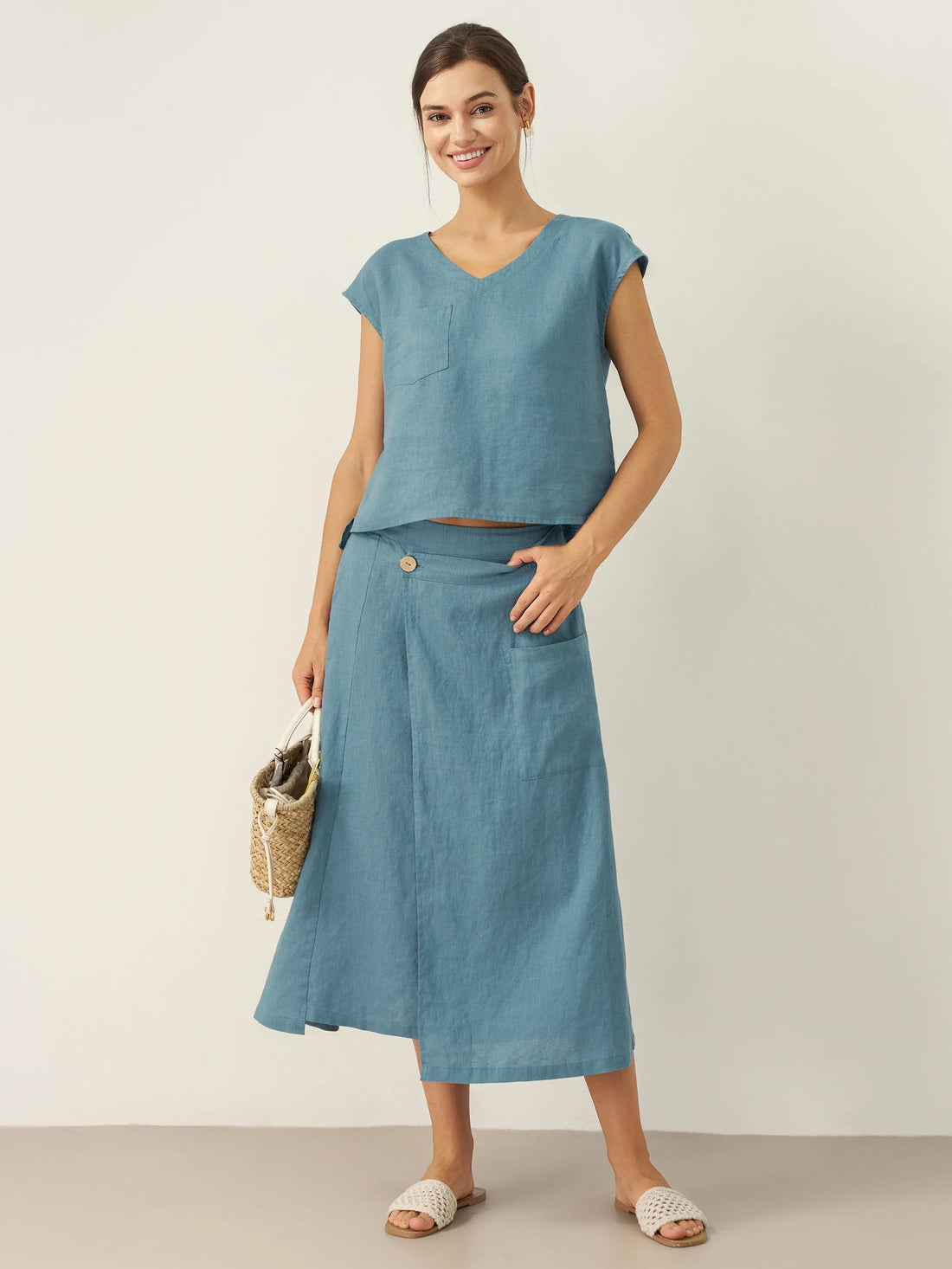 100% Linen V-Neck Cap Sleeve Shirt