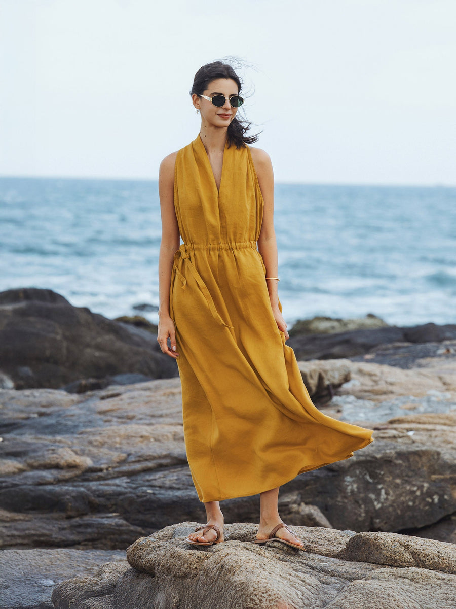 100% Linen Ruched Sleeveless Maxi Dress