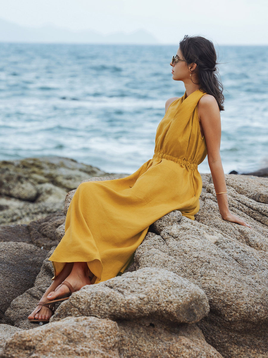 100% Linen Ruched Sleeveless Maxi Dress