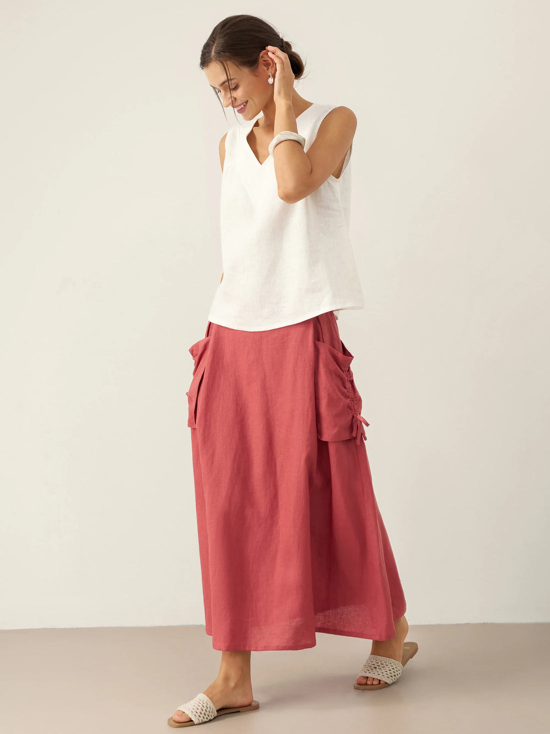 100% Linen Ruched V-Neck Tank Top