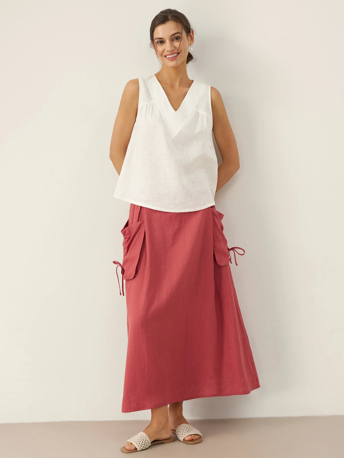 100% Linen Ruched V-Neck Tank Top