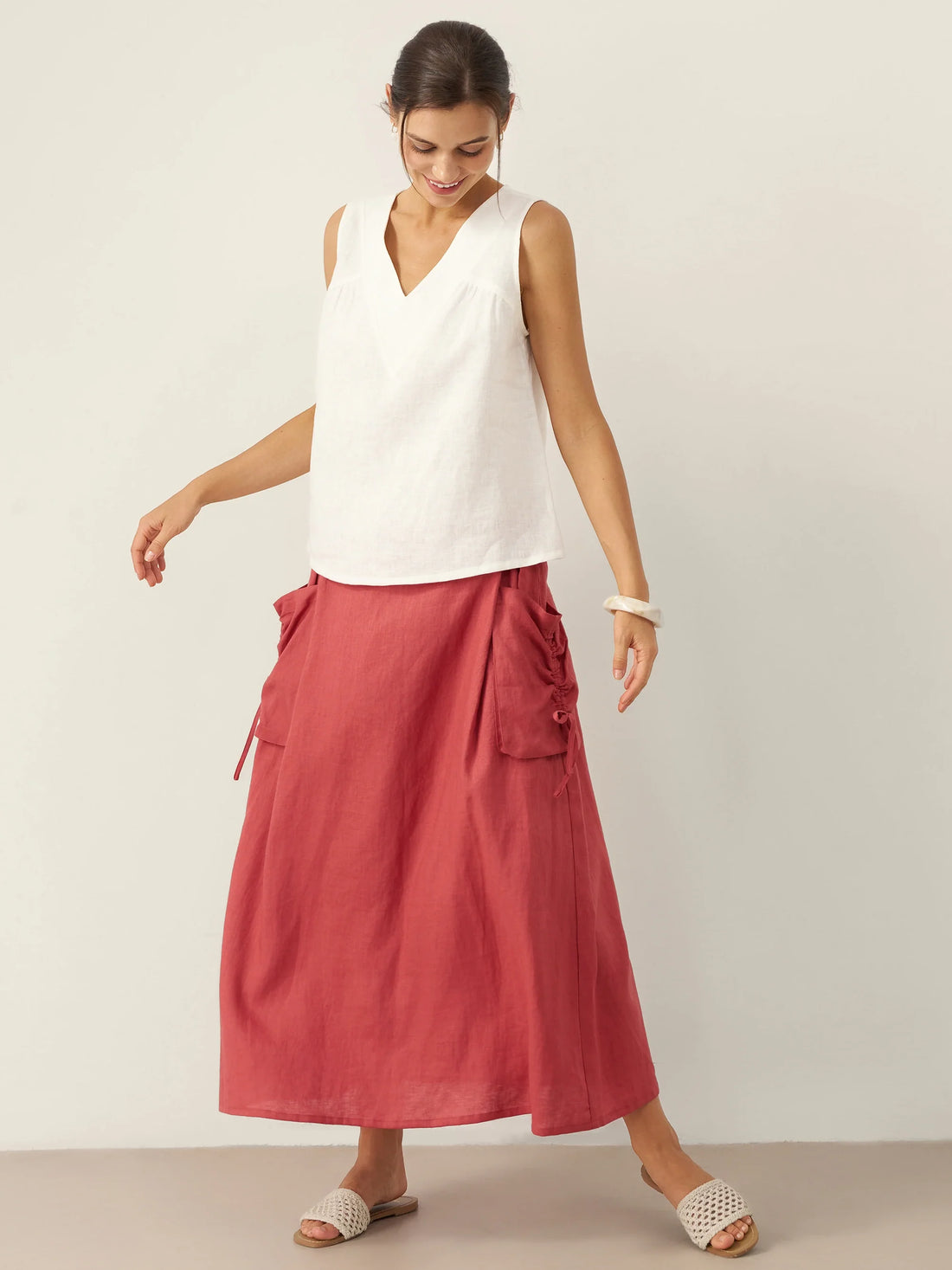 100% Linen Ruched V-Neck Tank Top