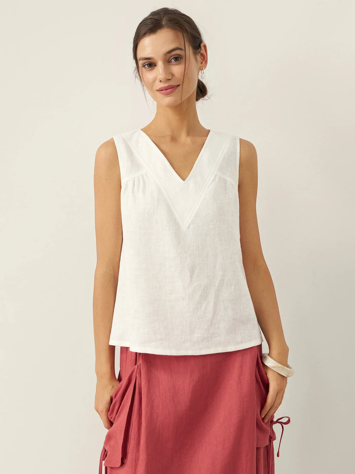100% Linen Ruched V-Neck Tank Top