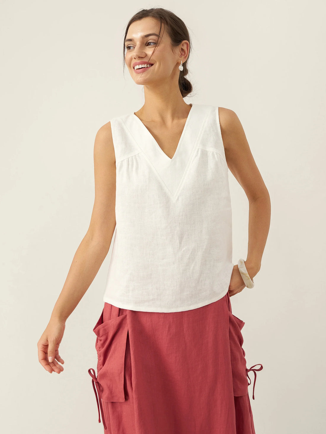 100% Linen Ruched V-Neck Tank Top