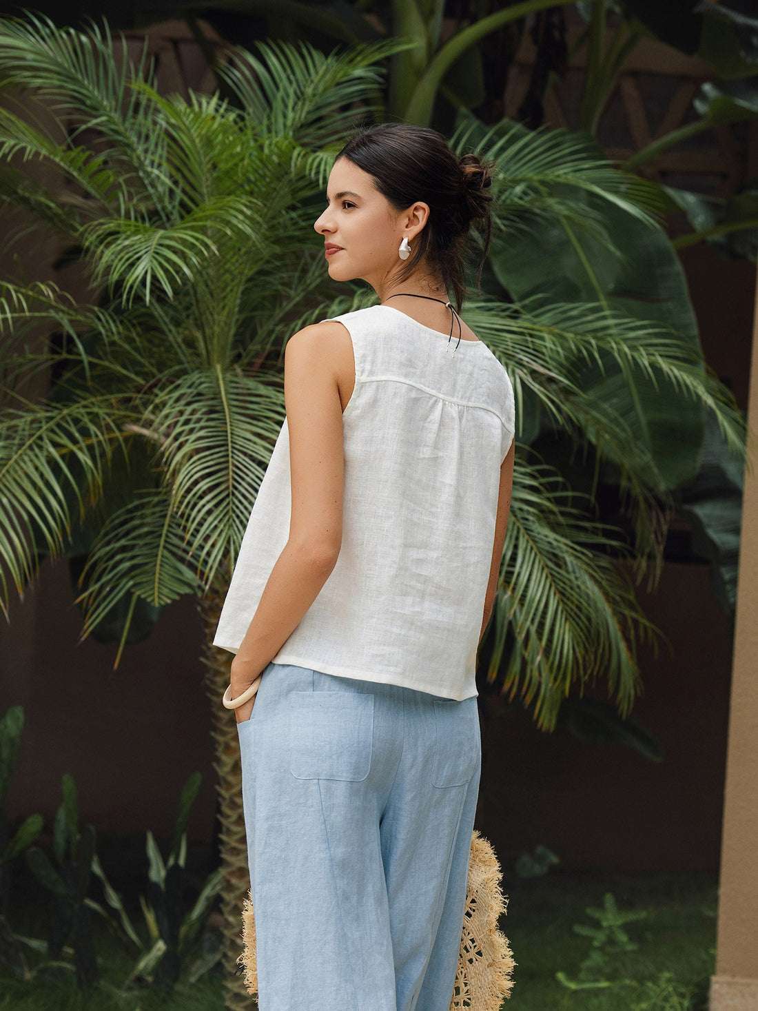 100% Linen Ruched V-Neck Tank Top