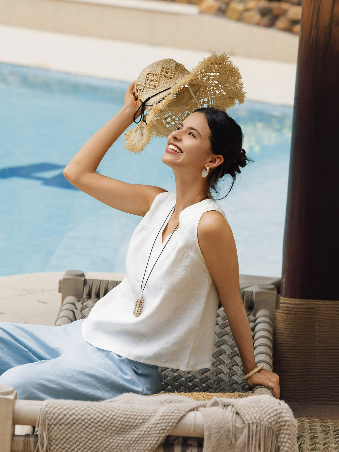 100% Linen Ruched V-Neck Tank Top