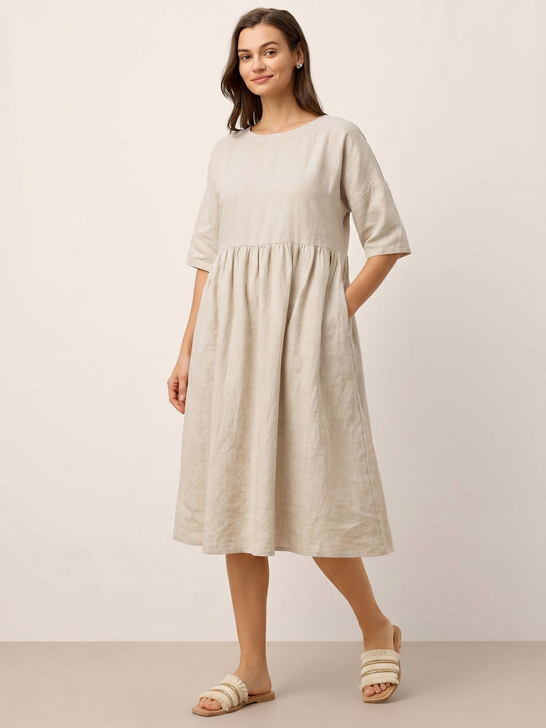 100% Linen Ruched Round-Neck Midi Dress